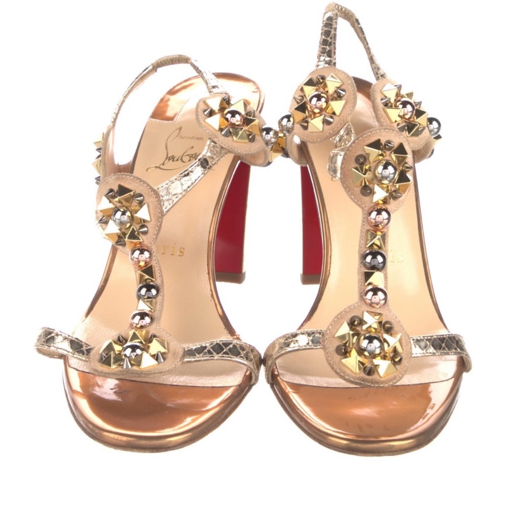 Christian Louboutin Kaleitop Sandals with studs, gold block heel, size 8